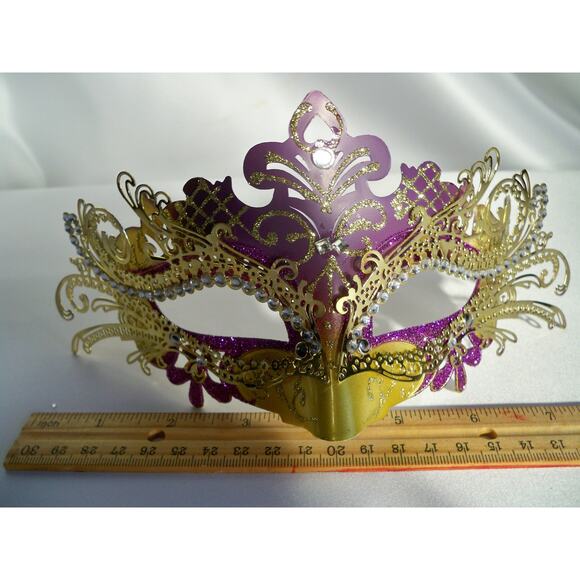 Purple gold mask with or on stick prom party Halloween masquerade costume mask - Picture 6 of 7